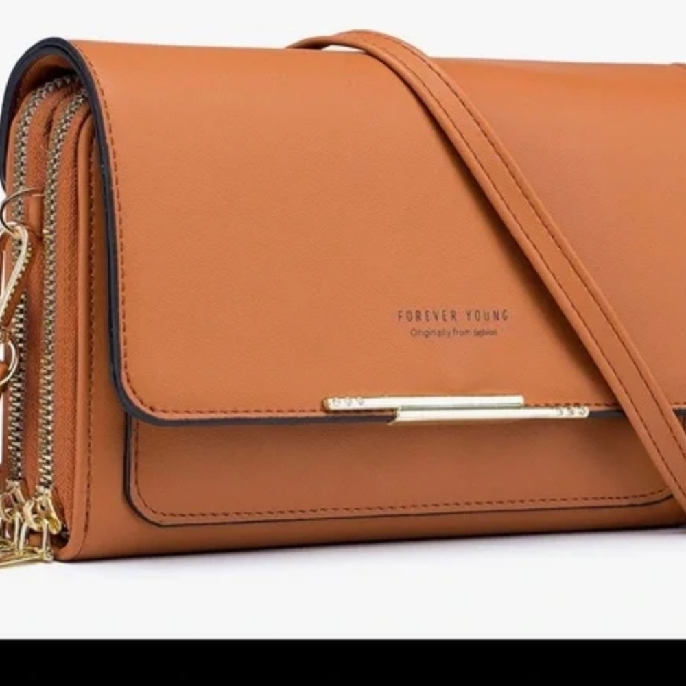 New Forever Young Designer Crossbody Bag, Tan, PU Leather, Dual Zip Wallet Compa